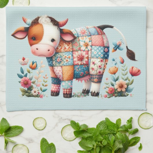 grillige lappendeken Koe met bloemenaccenten Theedoek (Gevouwen)