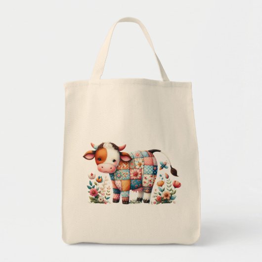 grillige lappendeken Koe met bloemenaccenten Tote Bag (Voorkant)