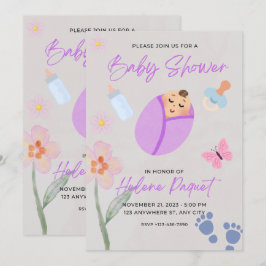 Grillige Lavendel Waterverf Baby Shower Uitnodigin Kaart