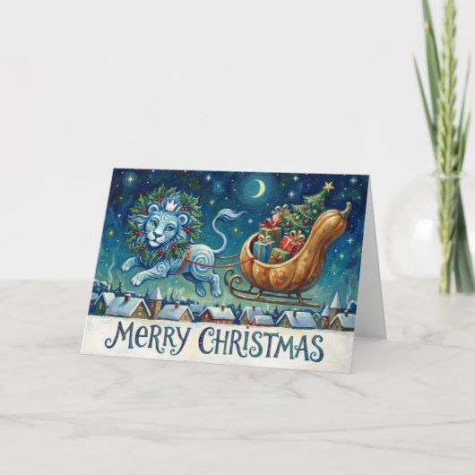 Grillige Leeuw Trekt Kerstslee Sinterklaas Kaart (Voorkant)