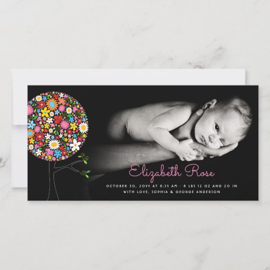 Grillige Lente Bloemen Pop Boom Foto Meisje Geboor Aankondiging (Voorkant)
