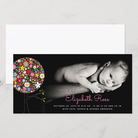 Grillige Lente Bloemen Pop Boom Foto Meisje Geboor Aankondiging (Voorkant / Achterkant)