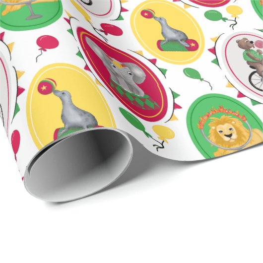 grillige levendige circusdieren primaire kleuren cadeaupapier (Rol Hoek)