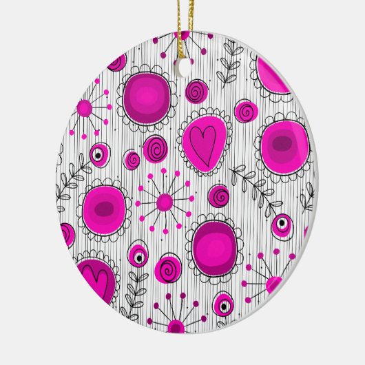 Grillige lichtroze witte harten en bloemen bloemmo keramisch ornament (Links)