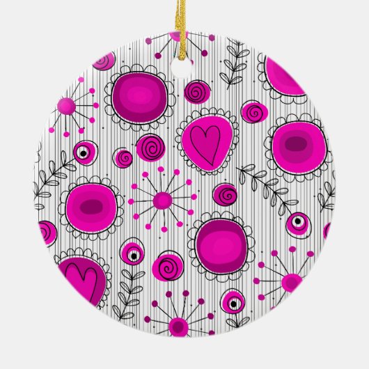 Grillige lichtroze witte harten en bloemen bloemmo keramisch ornament (Achterkant)