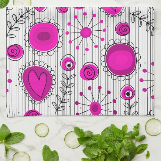 Grillige lichtroze witte harten en bloemen bloemmo theedoek (Gevouwen)