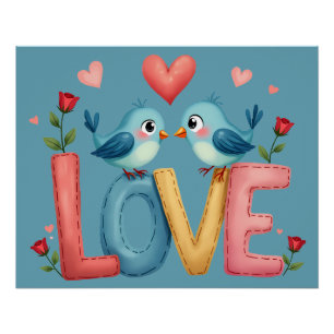 Grillige Liefdesvogels Pastel Cottagecore Kunst Perfect Poster