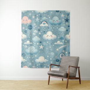 Grillige luchtpatroon met wolken, sterren - Blauw Wandkleed