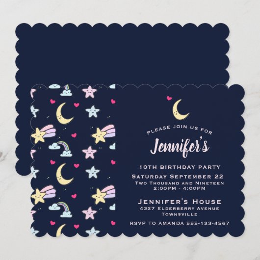 Grillige Maan, Sterren en Wolken op Blauwe Verjaar Kaart (Voorkant / Achterkant)