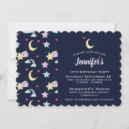 Grillige Maan, Sterren en Wolken op Blauwe Verjaar Kaart