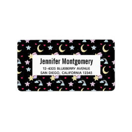 Grillige maan, sterren en wolken op zwart etiket