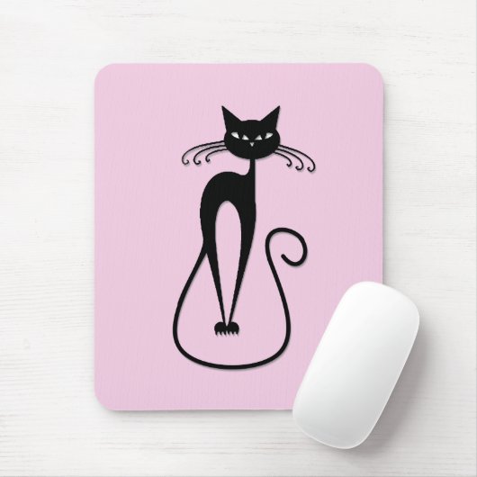 Grillige magere zwarte kat roze muismat (Met muis)