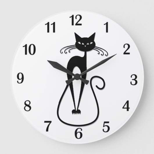 Grillige magere zwarte kat zwarte nummers grote klok (Voorkant)