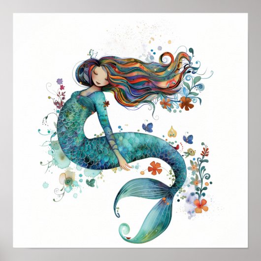 Grillige Mermaid Watercolor Kunstprint Poster (Voorkant)