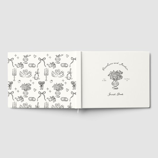 Grillige, met de hand getekende trouw  gastenboek (Volledig)