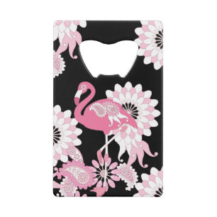 Grillige moderne zwarte roze flamingo creditkaart flessenopener