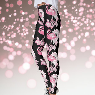 Grillige moderne zwarte roze flamingo patroon leggings