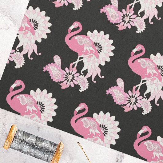 Grillige moderne zwarte roze flamingo patroon stof