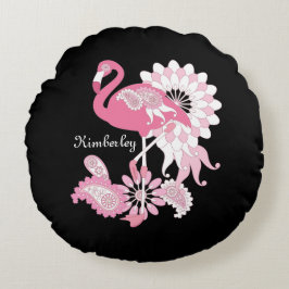 Grillige Moderne Zwarte Roze Flamingo Rond Kussen