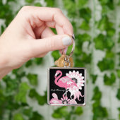Grillige Moderne Zwarte Roze Flamingo Sleutelhanger (Hand)