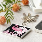 Grillige Moderne Zwarte Roze Flamingo Sleutelhanger (Zijkant)