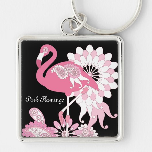 Grillige Moderne Zwarte Roze Flamingo Sleutelhanger (Voorkant)