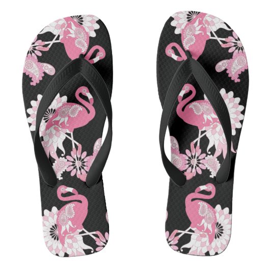 Grillige Moderne Zwarte Roze Flamingo Teenslippers (Voetbed)