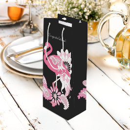 Grillige Moderne Zwarte Roze Flamingo Wijn Cadeautas