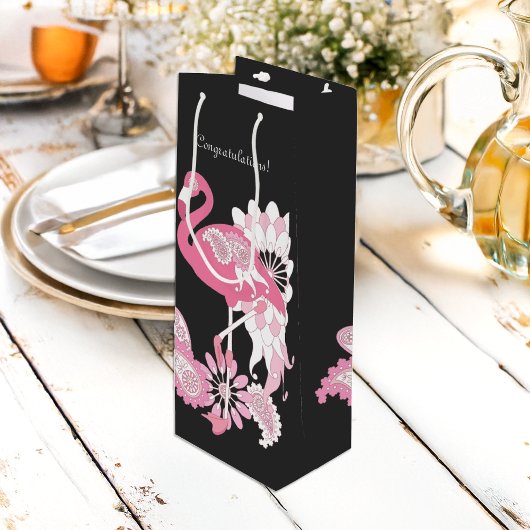 Grillige Moderne Zwarte Roze Flamingo Wijn Cadeautas