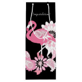 Grillige Moderne Zwarte Roze Flamingo Wijn Cadeautas (Achterkant)