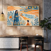 Grillige Moeder en Kind Volkskunst Illustratie Poster