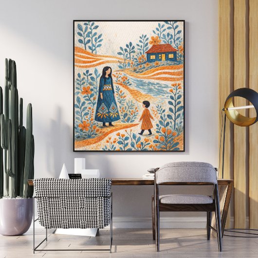 Grillige Moeder en Kind Volkskunst Illustratie Poster