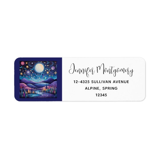 grillige nacht grote maan landschapsadres etiket (Voorkant)