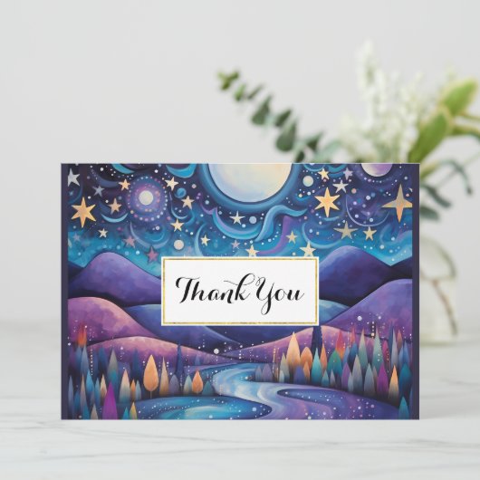 grillige nacht grote maan landschapsfeest bedankkaart (Staand voorkant)