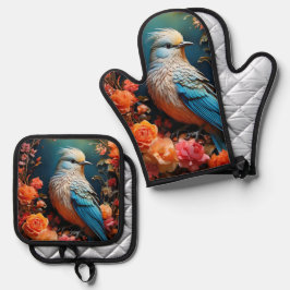 grillige Natuur blue bird Ovenwant & Pannenlap Set