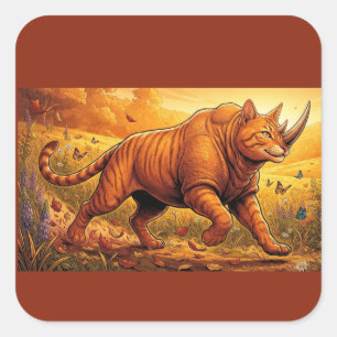 Grillige Neushoornkat – Gezellig Herfst Dieren Cad Vierkante Sticker