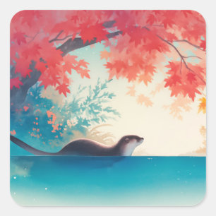 Grillige Otter Sticker met Herfstbladeren