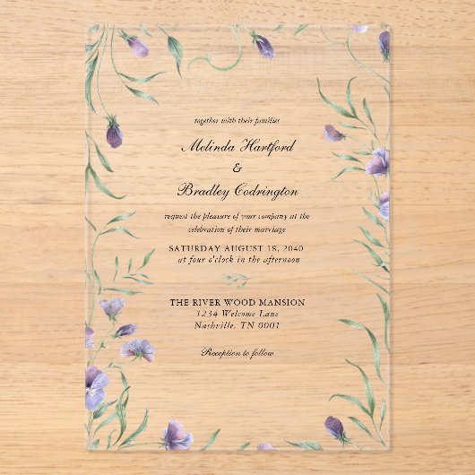 Grillige Paarse Bloemige Gebladerte Trouw  Acryl Uitnodigingen (Voorkant)