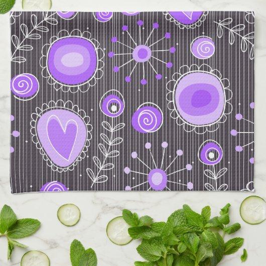 Grillige paarse grijze harten en bloemen bloemmoti theedoek (Gevouwen)