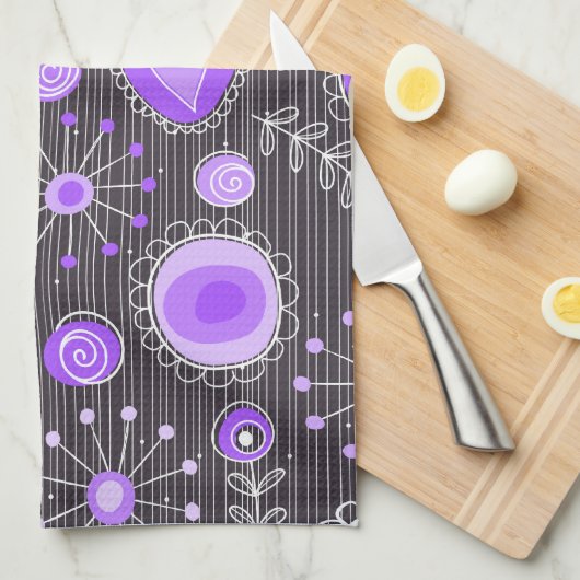 Grillige paarse grijze harten en bloemen bloemmoti theedoek (Quarter Fold)