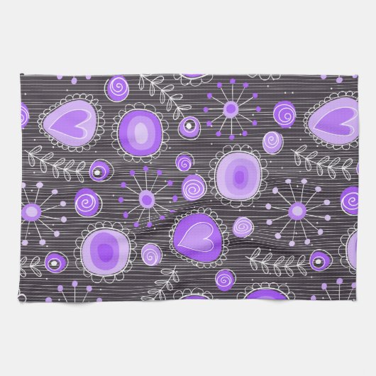 Grillige paarse grijze harten en bloemen bloemmoti theedoek (Horizontaal)