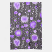 Grillige paarse grijze harten en bloemen bloemmoti theedoek (Verticaal)