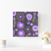 Grillige paarse grijze harten en bloemen bloemmoti vierkante klok (Huis)
