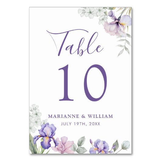 grillige Paarse iris bloemenbruiloft tafel nummer Kaart (Voorkant)