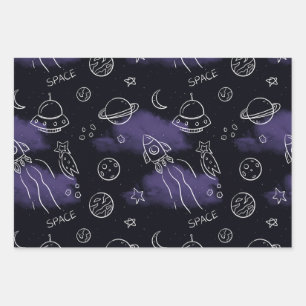 Grillige Paarse Outer Space Naadloos Patroon Inpakpapier Vel