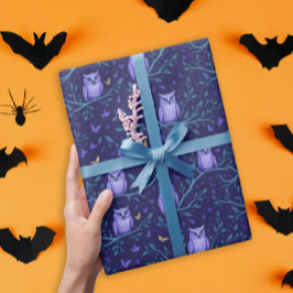 Grillige Paarse Uil Vogels Bos Nacht Patroon Cadeaupapier