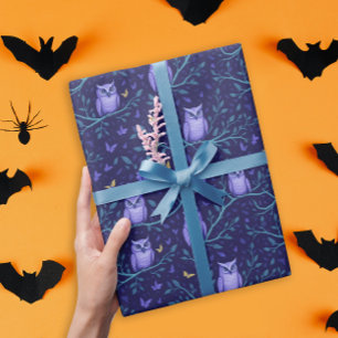 Grillige Paarse Uil Vogels Bos Nacht Patroon Cadeaupapier