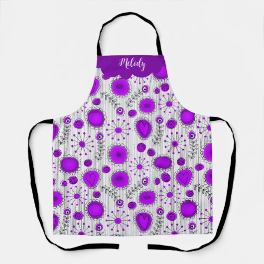 Grillige paarse witte harten bloemen bloem naam schort (Voorkant)