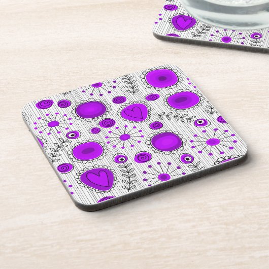 Grillige paarse witte harten en bloemen bloemmotie drankjes onderzetter (Linkerzijde)