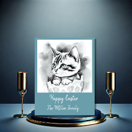 grillige paaskat in bloemeneierschaal feestdagenkaart